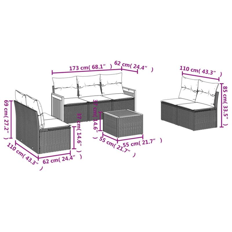 vidaXL 7/8 Piece Patio Sofa Set with Cushions Black/Gray Poly Rattan - 21.7 x 24.4 x 27.2