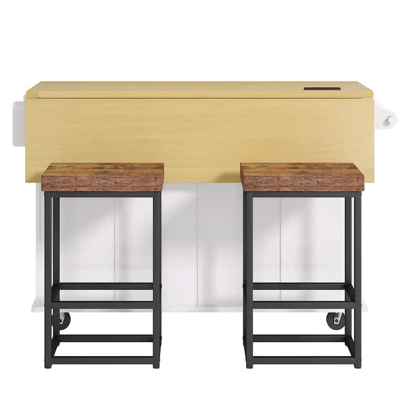 Farmhouse Kitchen Island on Wheels with Drop Leaf, 2 Seating & Power Outlet