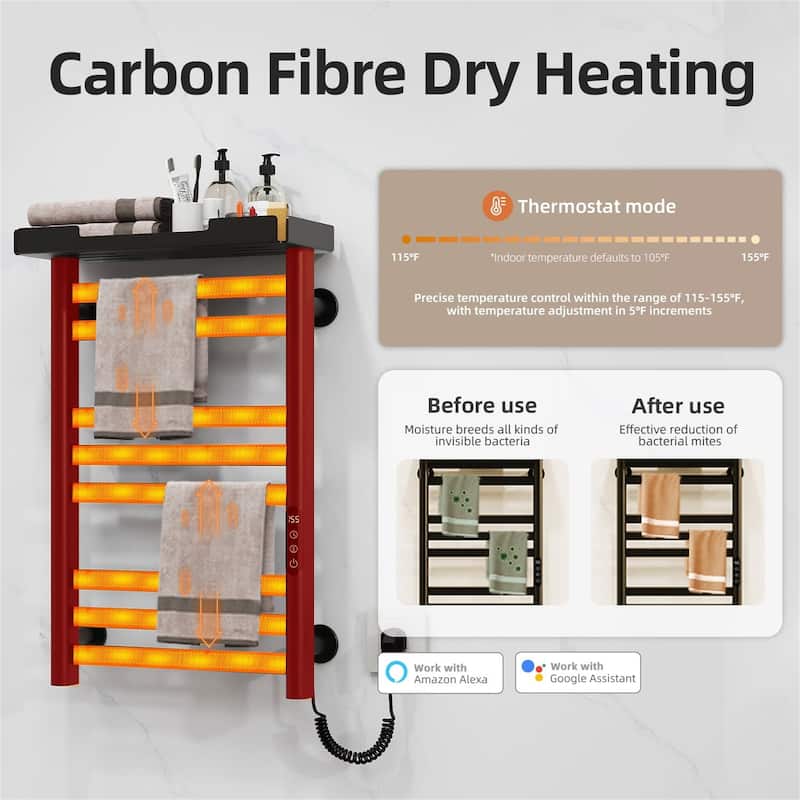 Heated Towel Rack with Shelf and Wi-Fi App Control