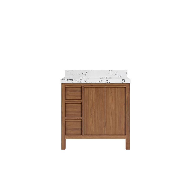 Willow Collections 36 in. W x 22 in. D Elizabeth Solid Teak Wood Center Sink Bathroom Vanity with Countertop - 2"Viola Night - Dark Natural