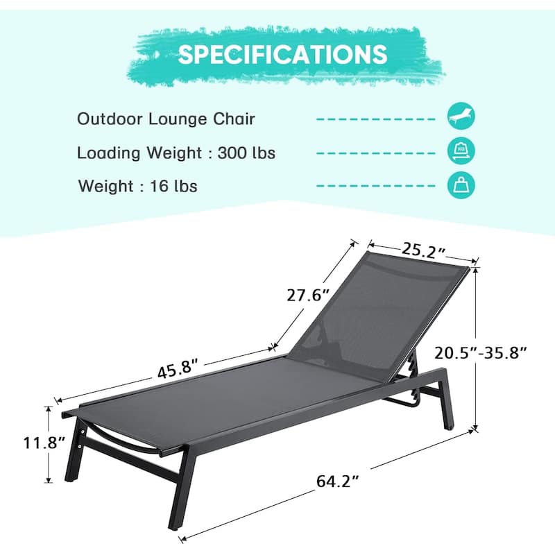 Erommy Outdoor Chaise Lounge, Aluminum Patio Lounge Chair with Wheels, All-Weather Five-Position Adjustable Reclining Chair