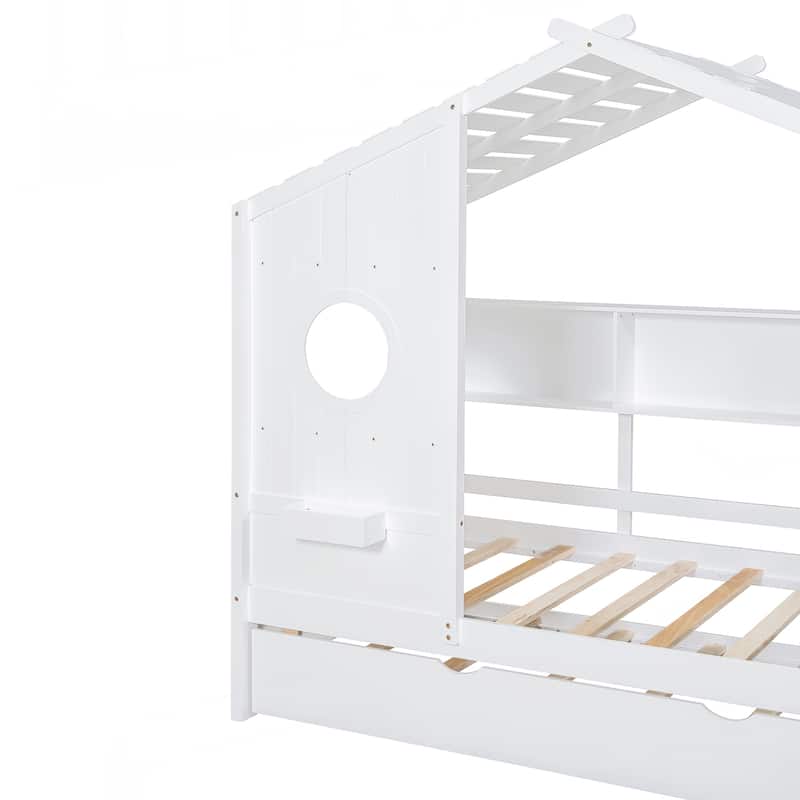 Wooden Twin Size House Bed With Trundle, Modern Design for Kids with Storage Shlef