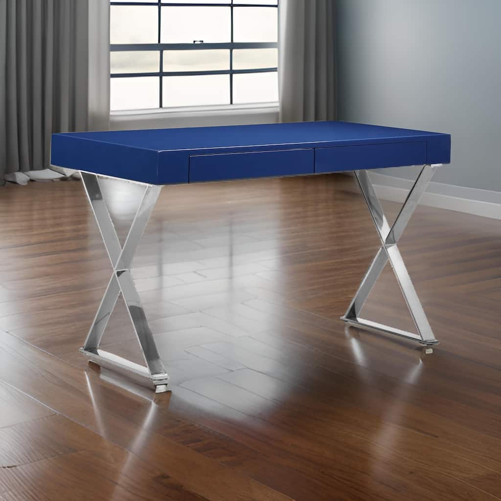 Rix 47 Inch Office Desk, Navy Wood Top, 2 Drawers, X Polished Steel Legs