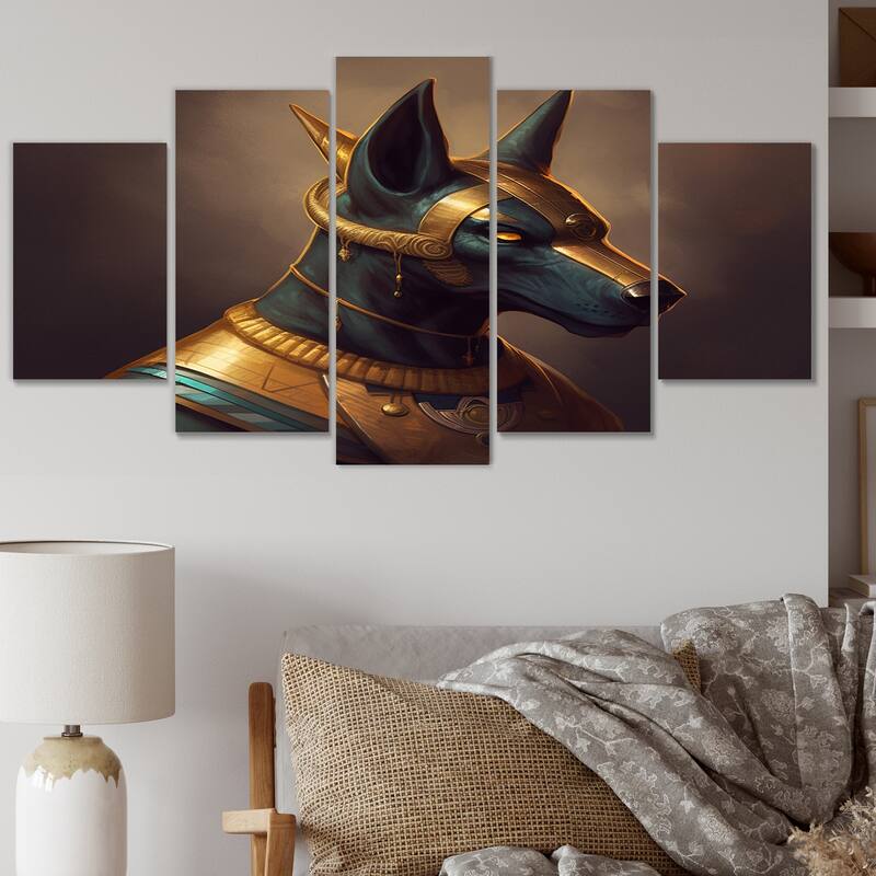 Designart "Vintage Anubis Ancient Egyption Jackal God IX" Egyptian Woman Multipanel Canvas Art Print set - 60 In. Wide X 32 In. High - 5 Panels Diamond Shape