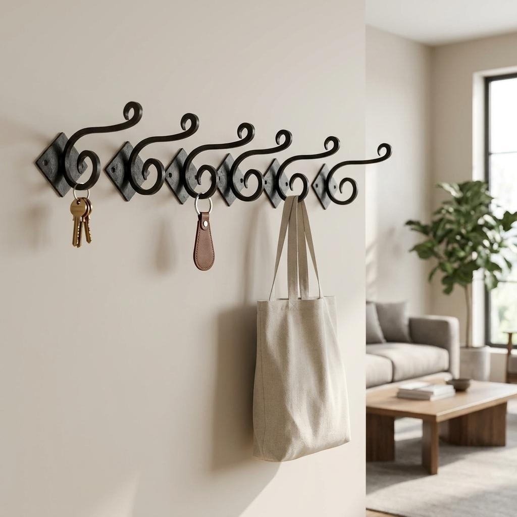 HomeRoots Set of Six Black Cast Iron Scroll Wall Hooks - 10.50 in. x 7.20 in. x 5.50 in.