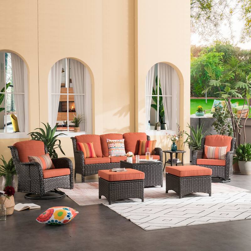 OVIOS 7-piece Patio Wicker Swivel Chairs Set - Orange/Red-Brown Wicker