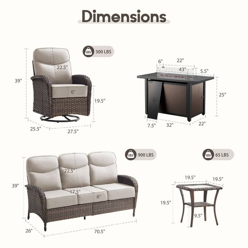 Luna 8-Piece Wicker Outdoor Patio Fire Pit Sofa Set with 6-Inch Thick Cushions