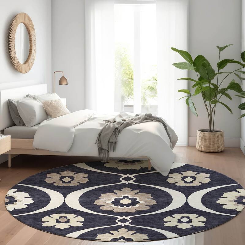 Premium Washable Super Soft Floral Scallops Mayfield Rug - Black - 8' x 8'
