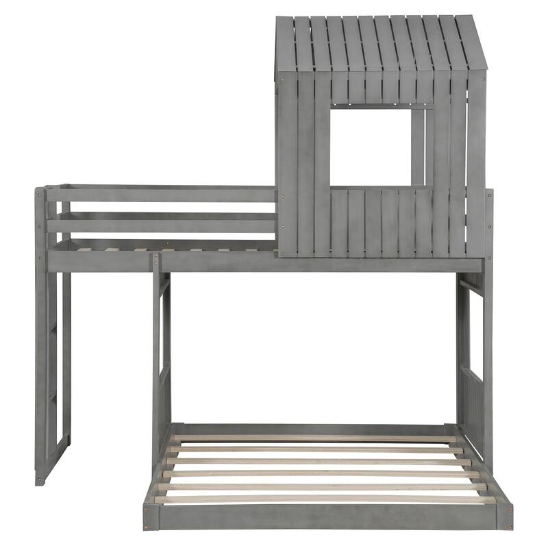Play House Loft Bed with Floor Bed, Wooden Twin Over Full Bunk Bed with Roof, Windows, Ladder and Safety Guardrails