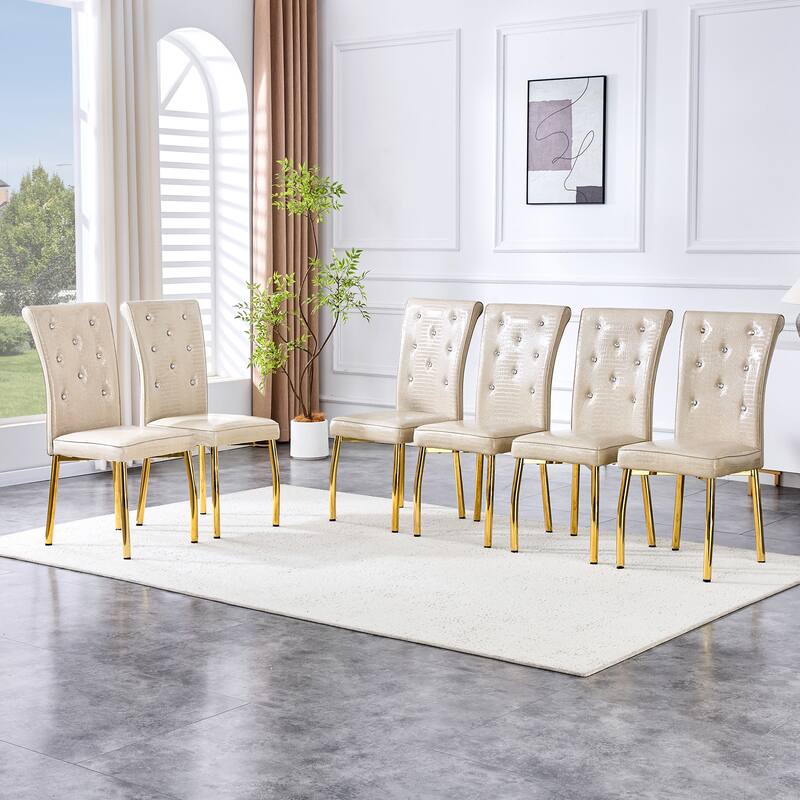 A set of 2 vintage crocodile leather cushioned dining chairs, featuring crystal clasp design and artificial leather design