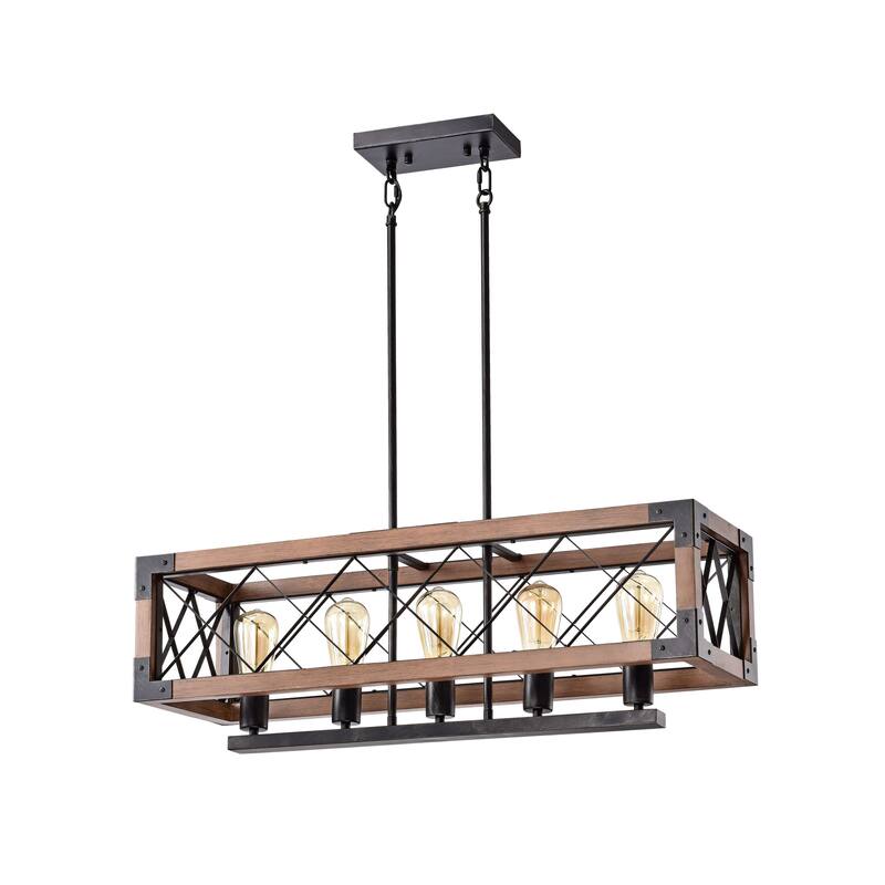 Aurora Antique Black Rectangular Metal and Natural Wood Chandelier