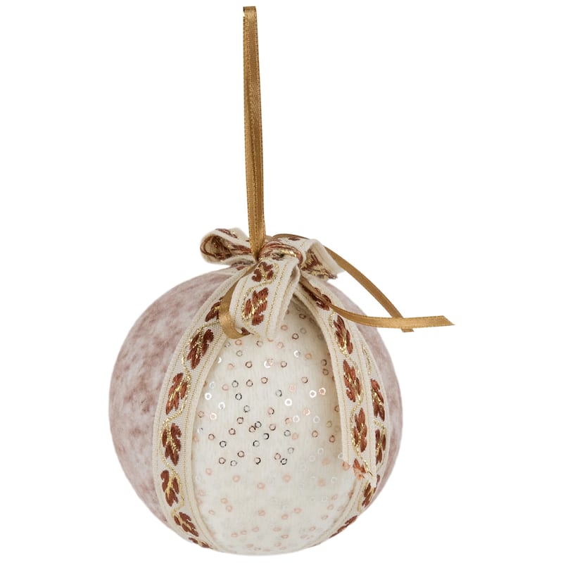 Embroidered Leaves Fuzzy Christmas Ball Ornaments - 3" - Mauve - Set of 6
