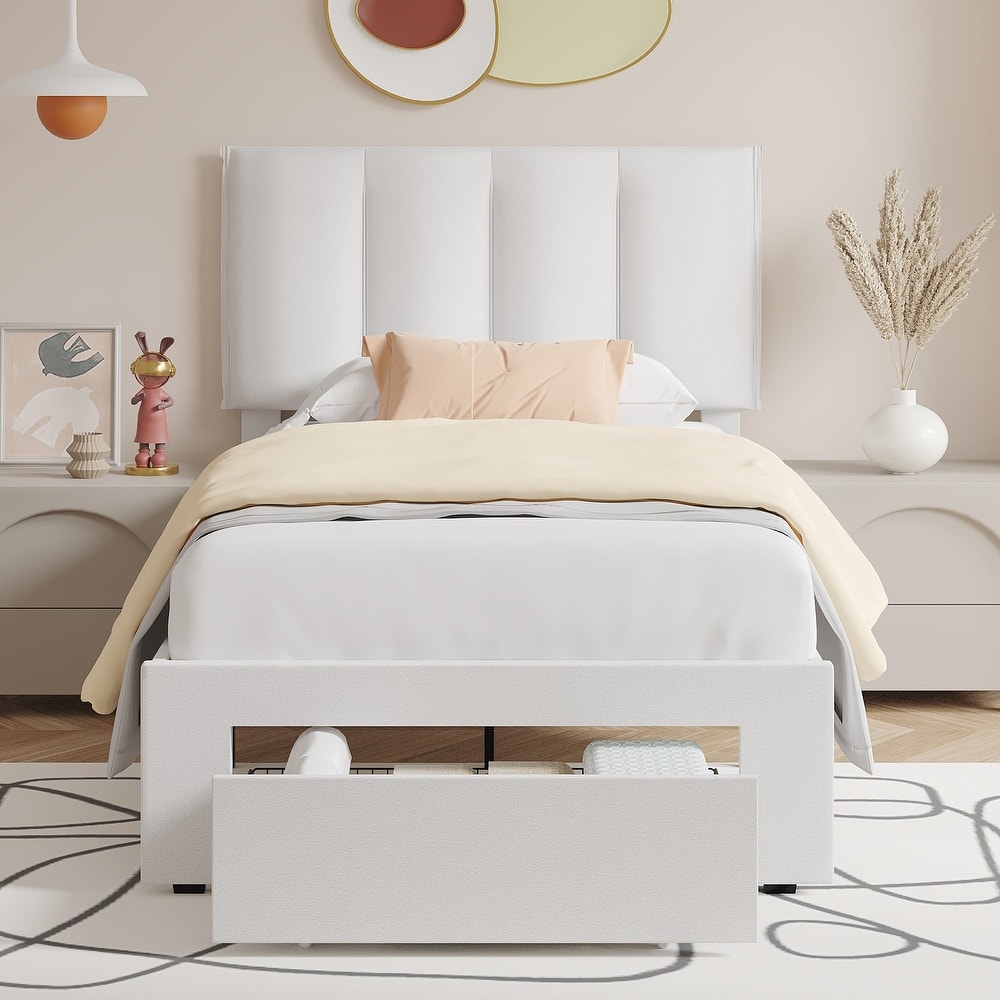 White Bed Frame with 4 Storage Drawers, Upholstered Platform Bed Frame with Adjustable Headboard