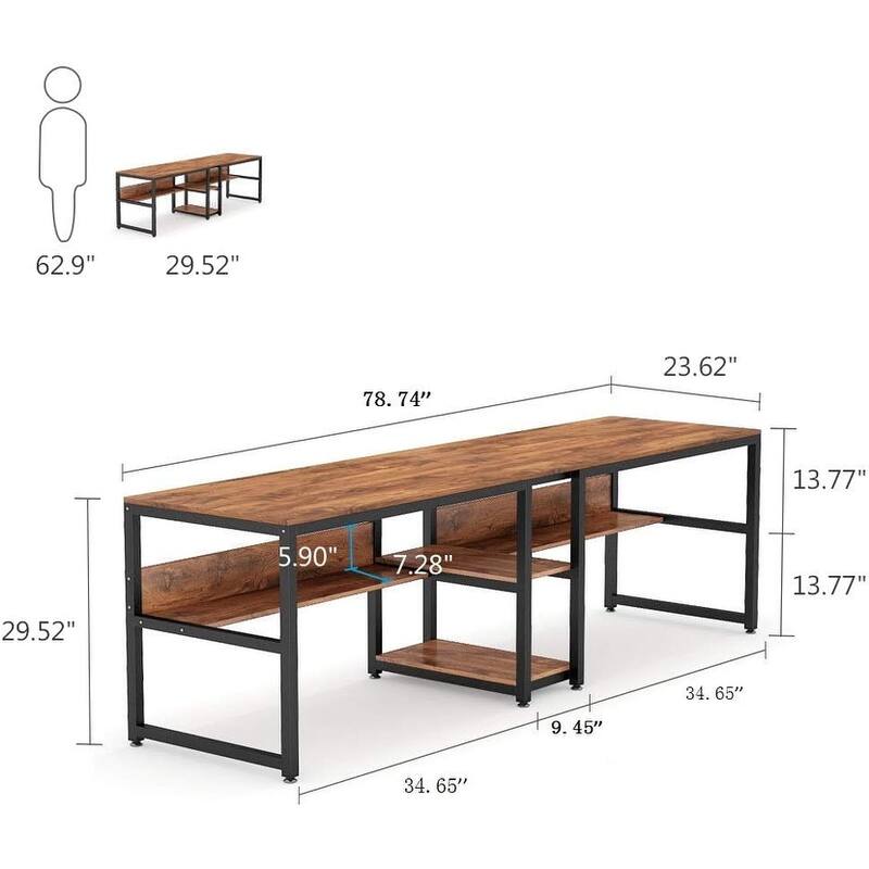 78.7" Double Desk for Two Person with Bookshelves with storage , Rustic Brown
