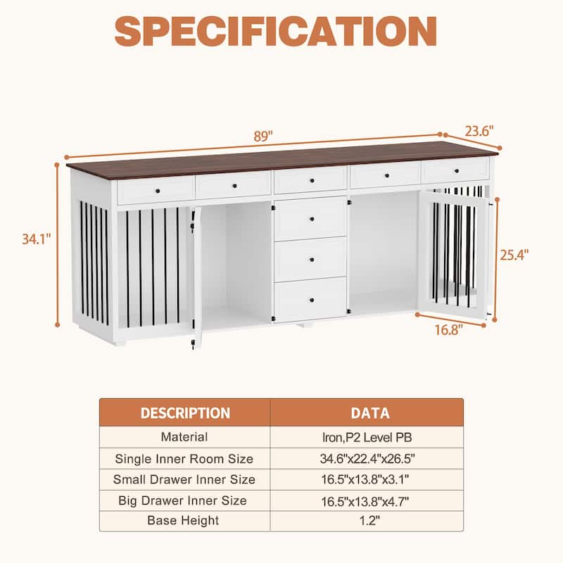 89" Dog Crate Furniture Large Furniture Style Dog Crate with Drawers