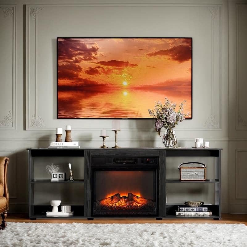 Farmhouse 58'' TV Stand For Tvs Up To 70'' With Electric Fireplace and Adjustable Shelves
