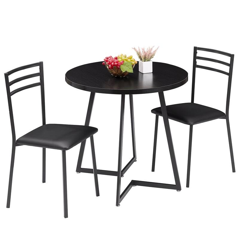 VECELO Round Dining Table, Metal Frame Dining Chairs, Modern Dining Table and Chairs Set for 2-4 People, 3 Options - Dining Table Set - Black