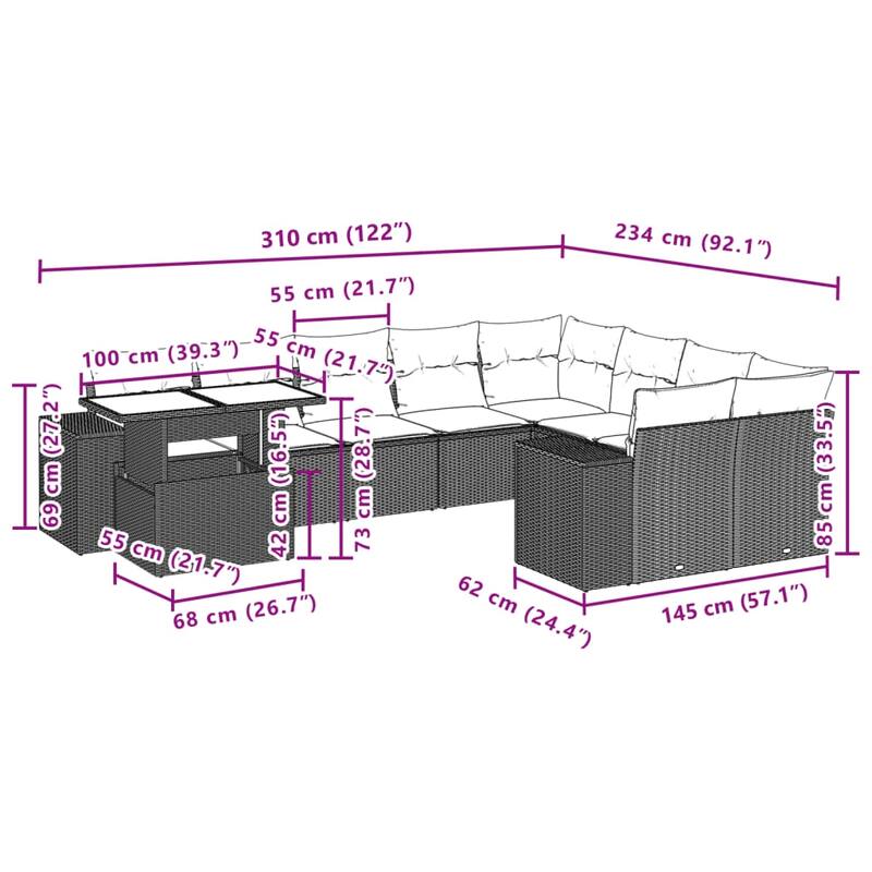 vidaXL Patio Sofa Set with Cushions Outdoor Furniture 10 Piece Poly Rattan - 21.7 x 39.4 x 28.7