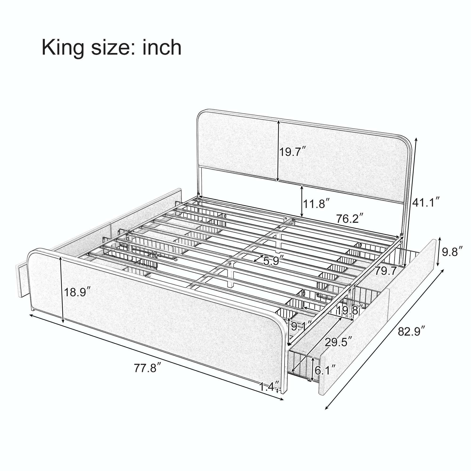 Modern Metal Bed Frame with four Storage Drawers