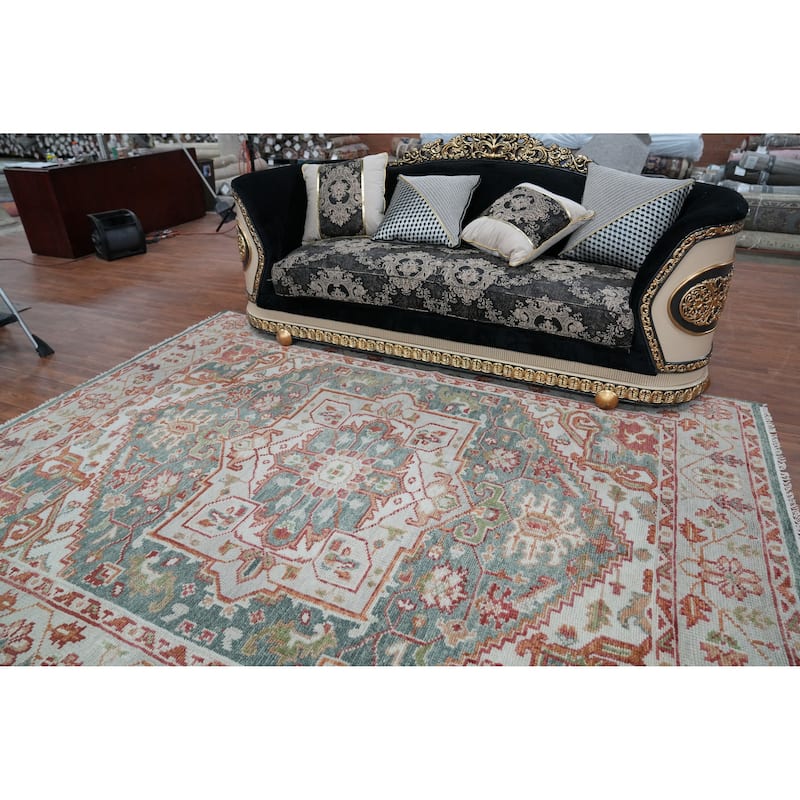 Hand Knotted Oriental 100% Wool Carpet Transitional Medallion Navy Blue & Blues Oushak Area Rug - 9' 11'' X 7' 8''
