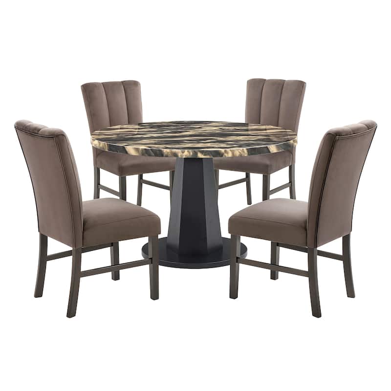 Roundhill Furniture Cavira 5-Piece Modern Dining Set, Round Faux Marble Dining Table with Four Chairs