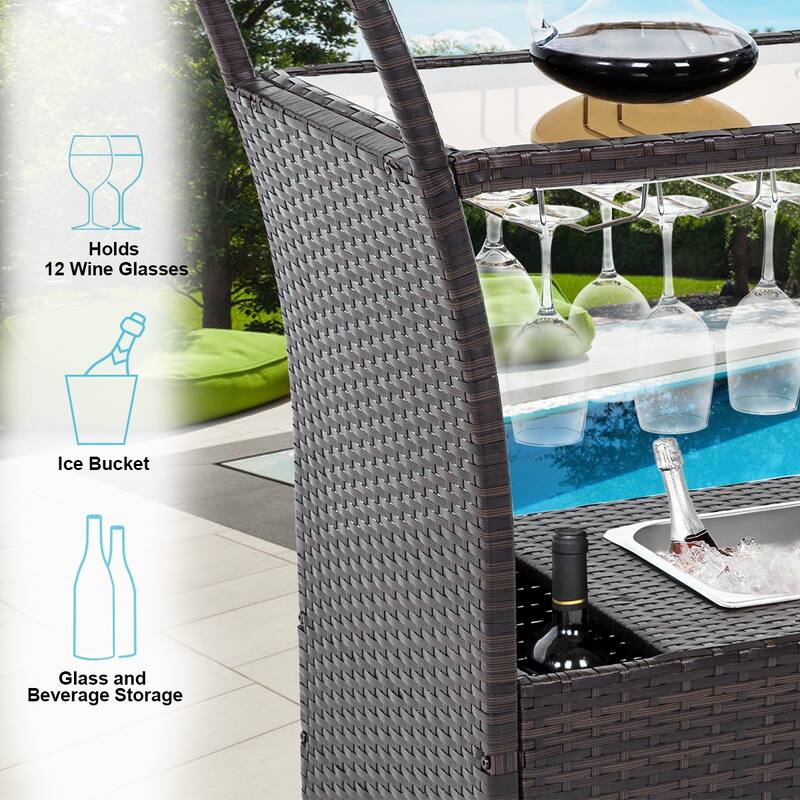 Outdoor Wicker Bar Serving Cart with Wheels and Ice Bucket,Brown