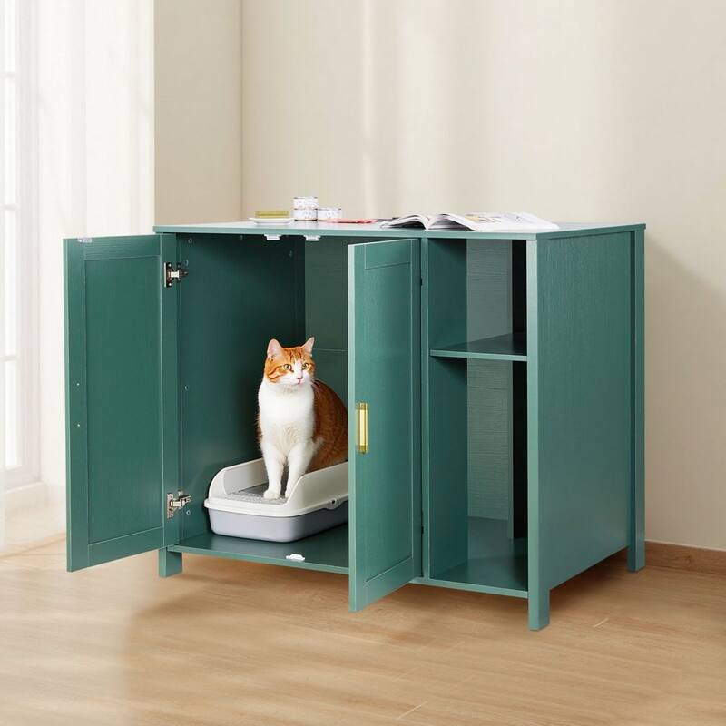 Dark Green P2 Particle Board Cat Litter Cabinet with Drawer and Power - 41.34 × 26.77 × 34.84 inch