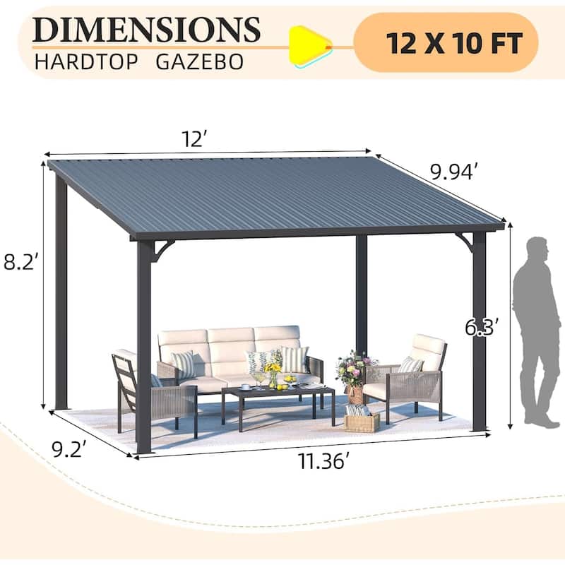 AECOJOY Hardtop Gazebo Outdoor Metal Lean to Pergola Galvanized Steel Roof