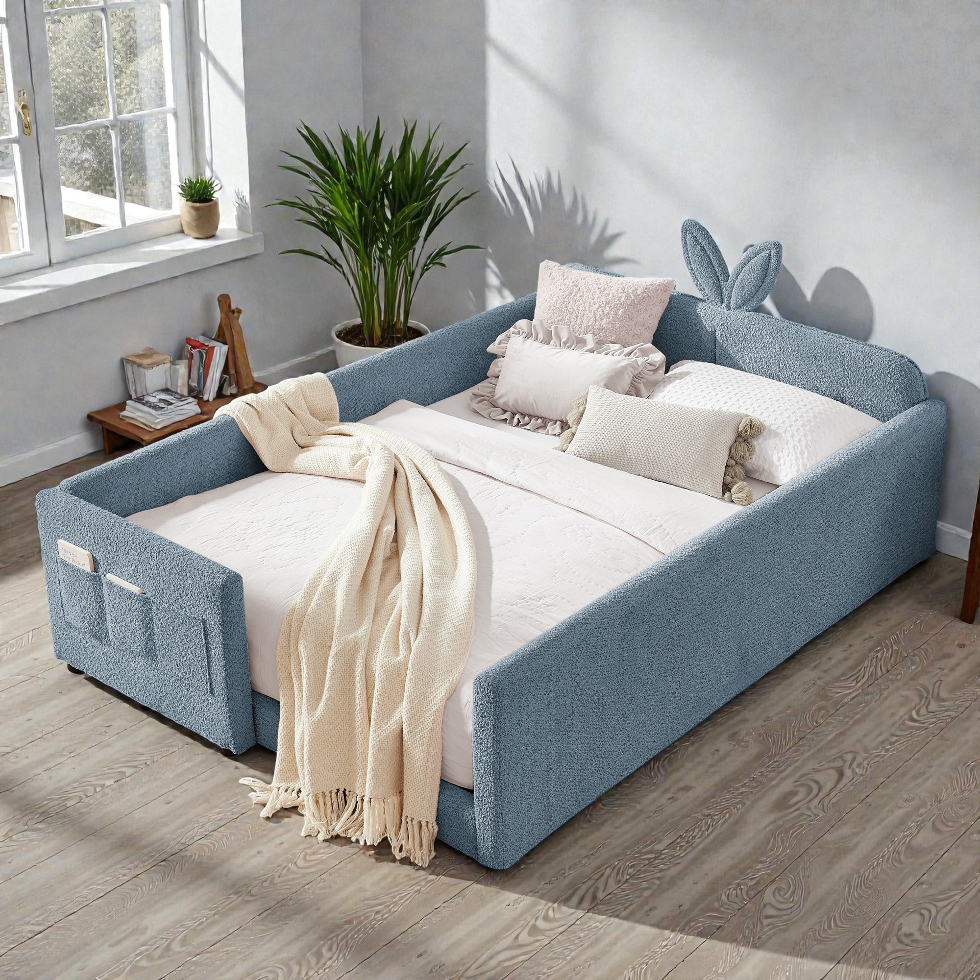 Full Size Upholstered Platform Bed with Rabbit Ear Headboard, Boucle Fabric Kids Bed with Safety Rail and Pocket
