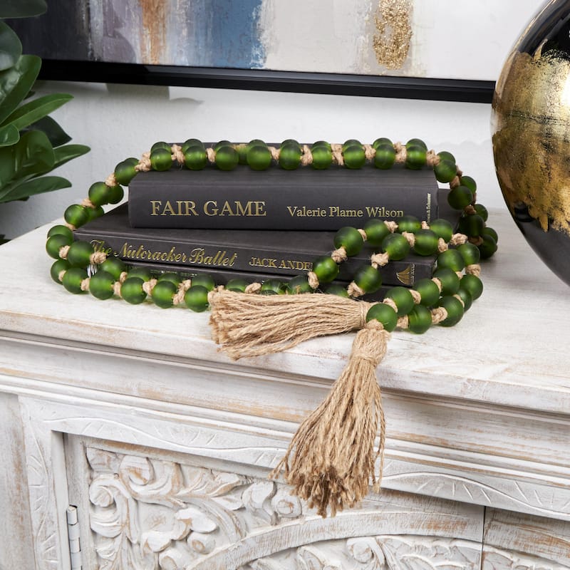Glass Handmade Round Long Frosted Beaded Garland with Tassel with Knotted Brown Jute - Various Colors - Roche River Decor