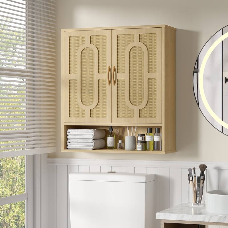 Javlergo Rattan Oak Wall Mounted Bathroom Storage Cabinet with Adjustable Shelves & Open Shelf Double Door Medicine Cabinet