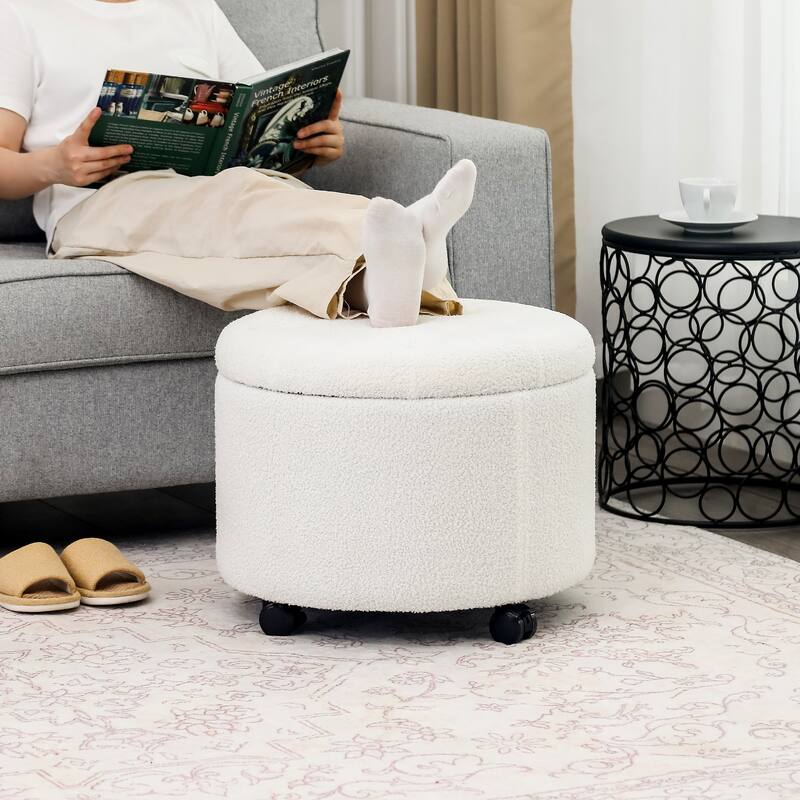 Adeco 20" Wide Button Tufted Round Storage Ottoman with Casters