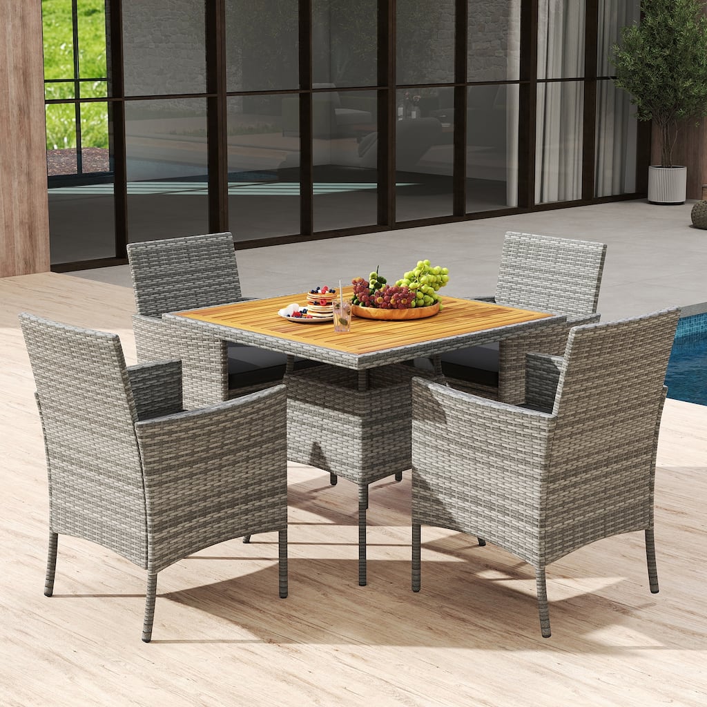 5 Pieces PE Wicker Patio Dining Set Outdoor Acacia Wood Table and Chairs-Black - Multi