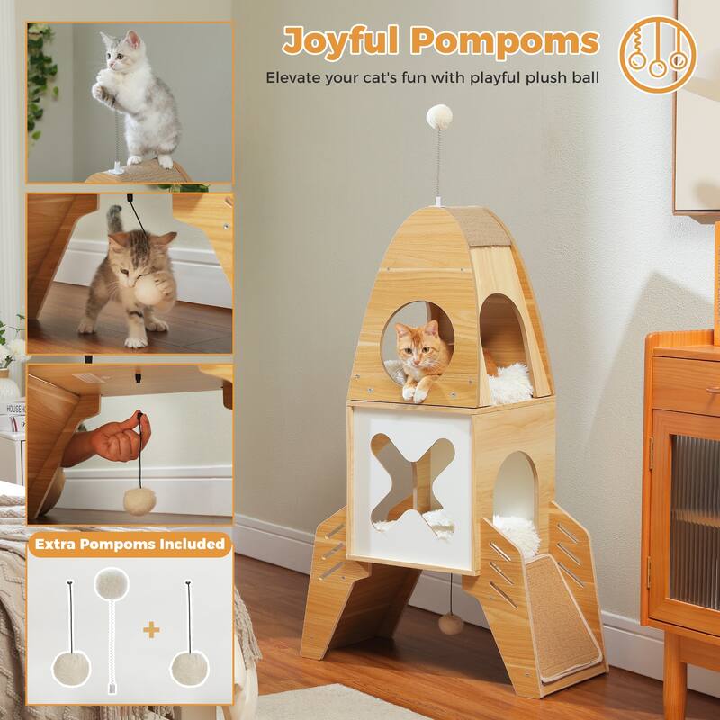 Modern Rocket Shape Multi-level Cat Tree with Condos & Dangling Balls