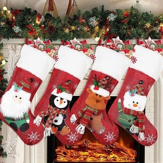 Christmas Stockings 4 Pack, with Snowflake Santa Snowman Reindeer