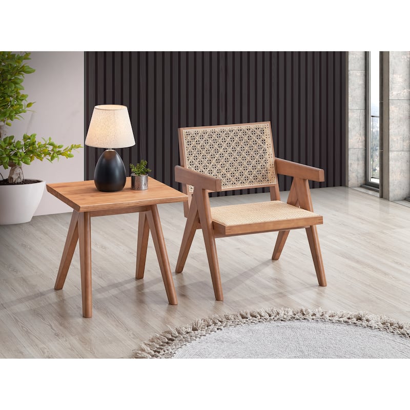 Modern 24" Wood Arm Chair with Wood Frame and Rattan Backrest for Living Room