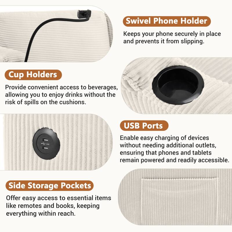 72.8" Corduroy Sleeper Sofa, Full Size Loveseat Bed with Mattress, USB Ports, Cup Holders, Side Pockets & Phone Holder