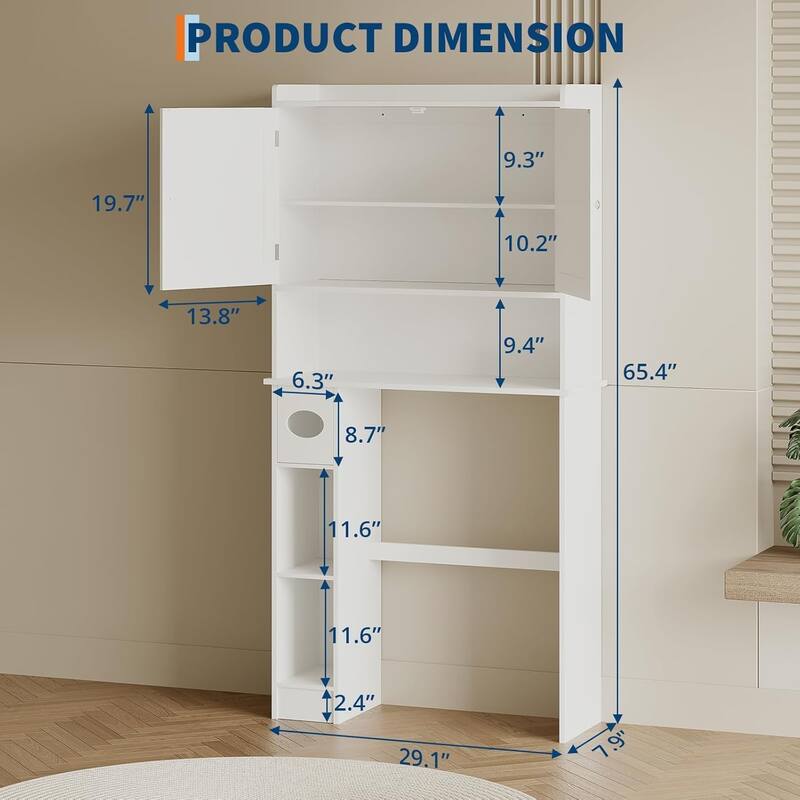 Over The Toilet Storage Cabinet Double Door Bathroom Organizer with Adjustable Shelves, Toilet Paper Holder