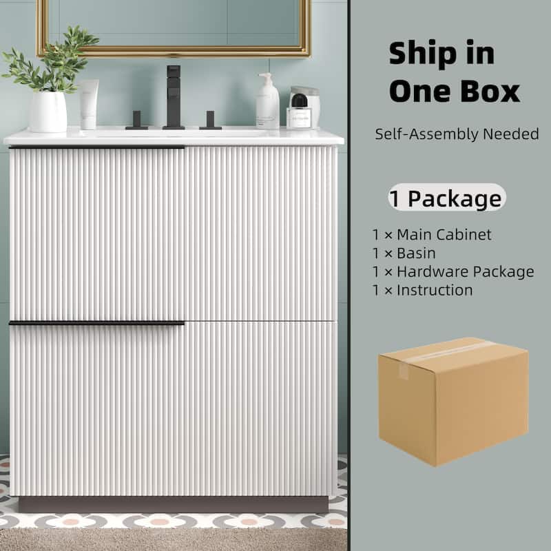 30" Bathroom Vanity with Ceramic Sink, Full-Extension Drawers, Soft-Close Undermount Slides, Fluted Design