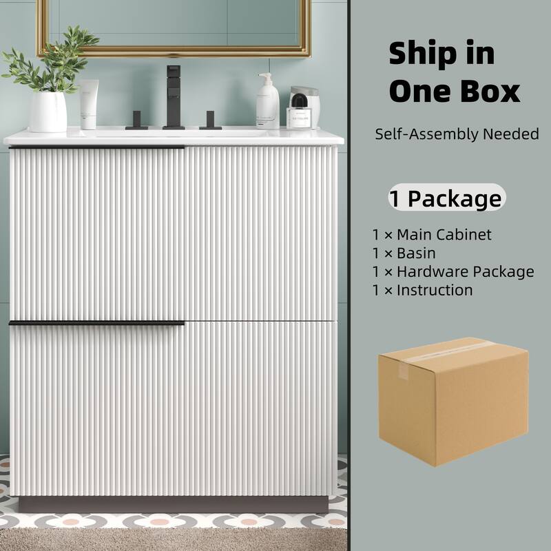 30" Bathroom Vanity with Ceramic Sink and Full-Extension Drawers, Soft Close Undermount Drawer Slides, Fluted Design, Natural