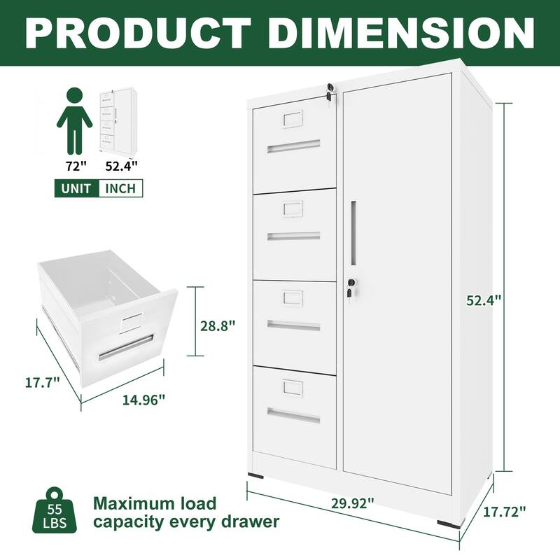4 Drawers Metal Storage Vertical Filing Cabinet with Lock and 1 Door