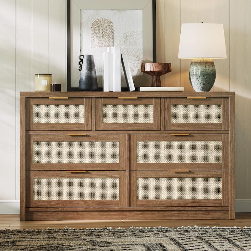 6/7-Drawer Dresser for Bedroom, Rattan Dresser Modern Wood Chest with Metal Handles - 7-drawer - Dark Brown