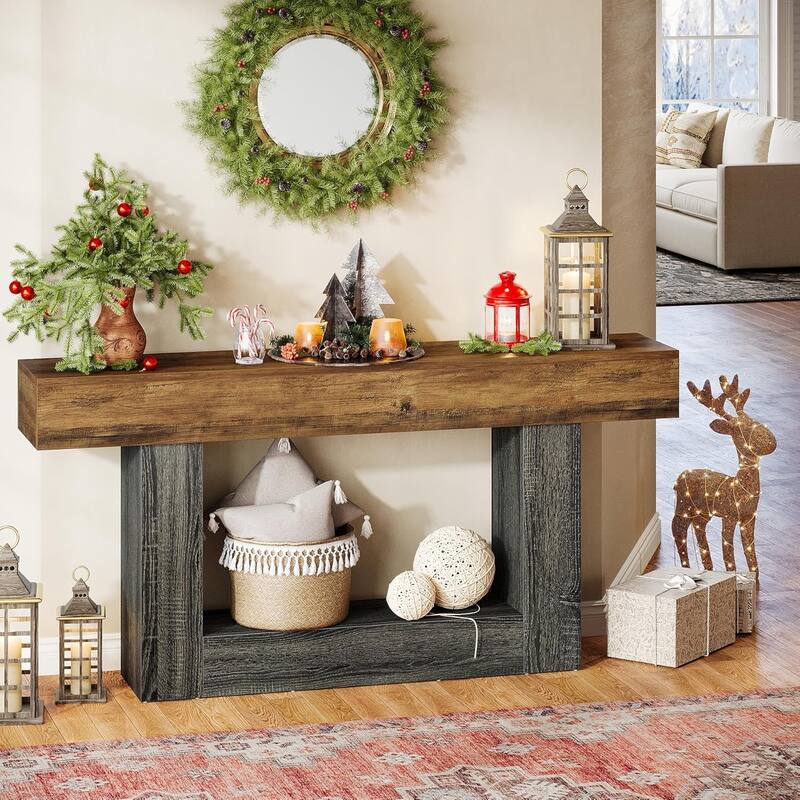 63 Inches Brown/ Dark Gray Wooden Console Table, Farmhouse Long Entryway Table with Storage for Living Room