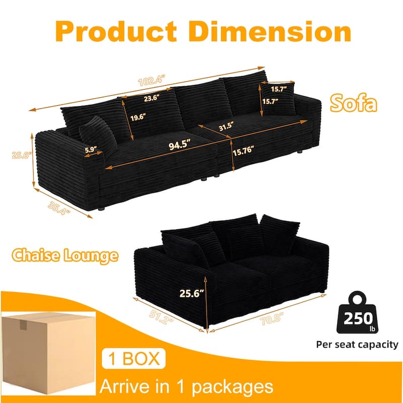 102.4" Corduroy Couch with Ottomans, 4 Seat Convertible Modular Sectional Sofa, Upholstered Couches with Pillows for Living Room