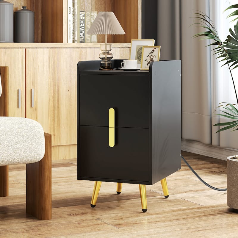 Gymax 2PCS Nightstand w/ Charging Station Home Bedside Sofa Side