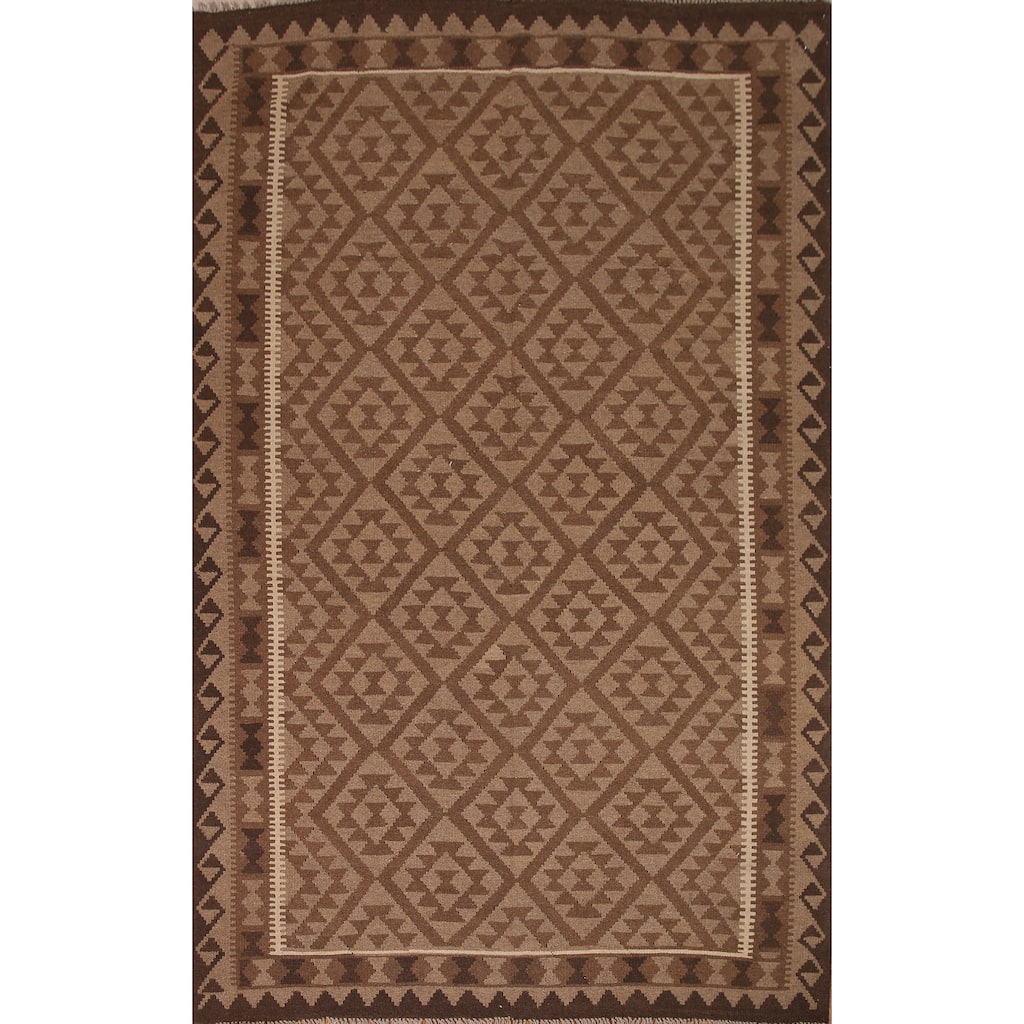 Brown Kilim Oriental Rug Flat-weave Reversible Geometric Wool Carpet - 6'9" x 9'6"