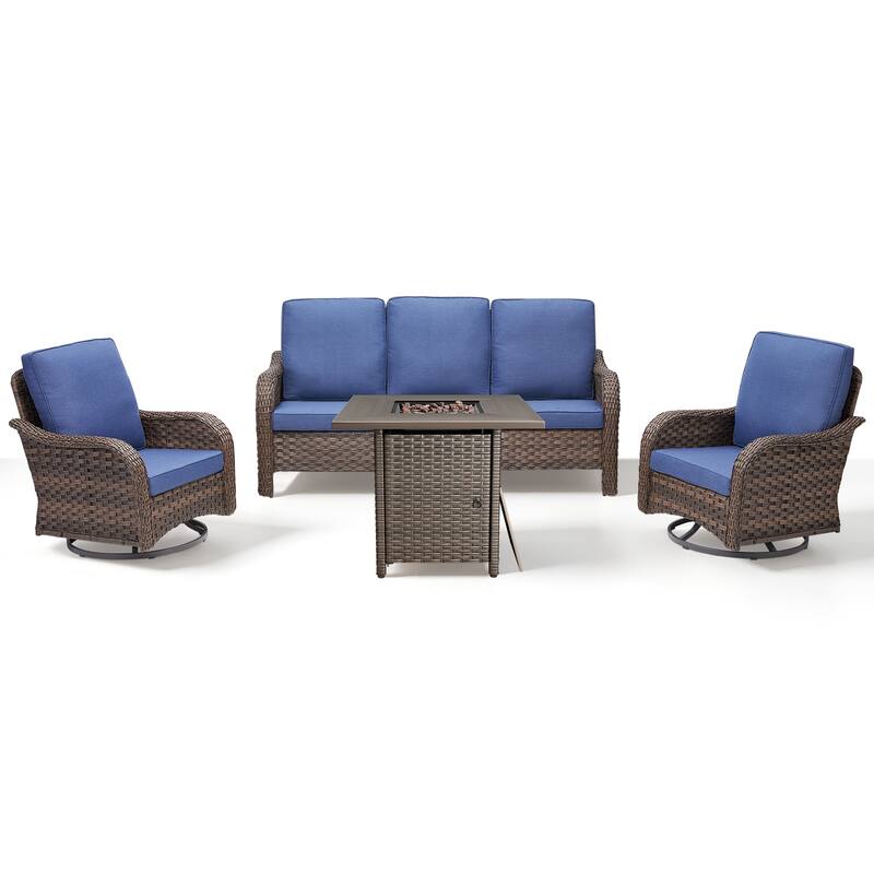 Pocassy Patio Funiture Sofa Swivel Chair Ottoman with Fire Table Set