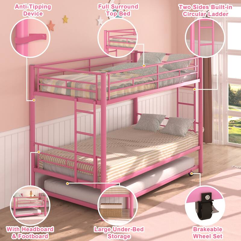 Twin Over Twin Bunk Bed with Trundle, Detachable Twin Bunk Beds w/ 2 Side Ladders & Full-Length Guardrails