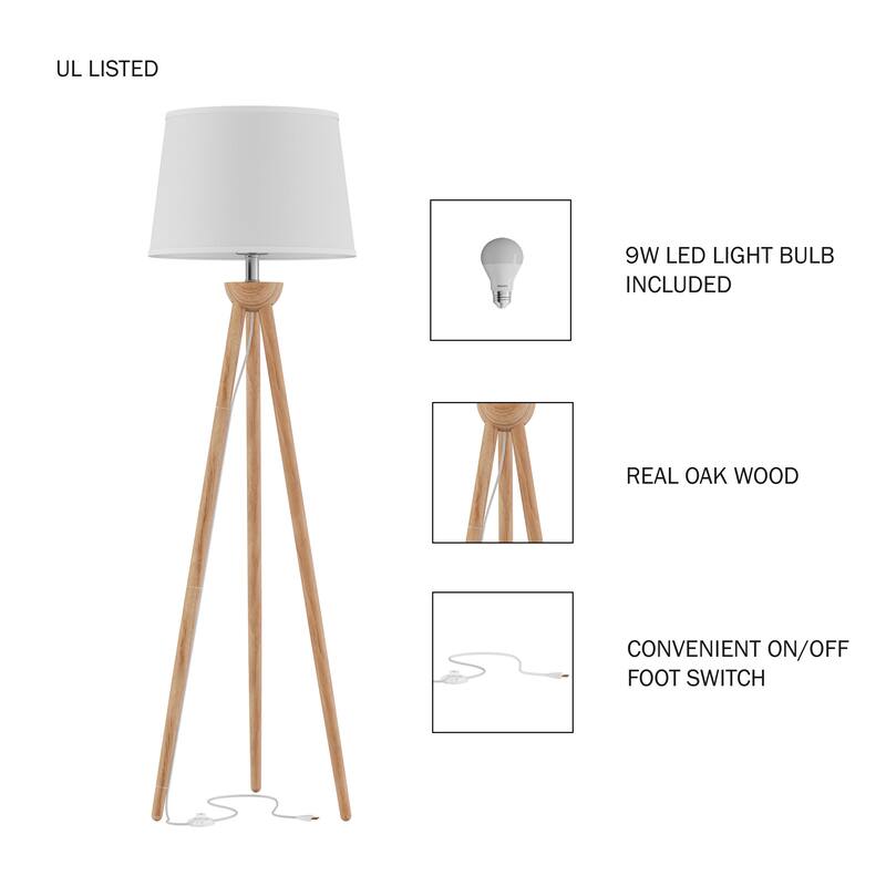 Lavish Home Tripod Floor Lamp with LED Bulb and Natural Oak Wood Base