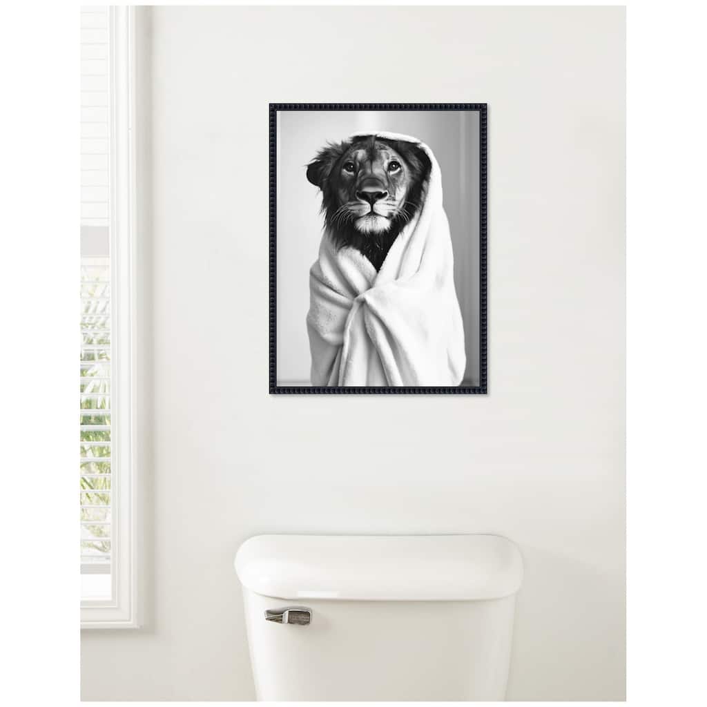 Kate and Laurel Sylvie Lioness Bathroom Art Towel Robe Black and White Framed Canvas by The Creative Bunch Studio